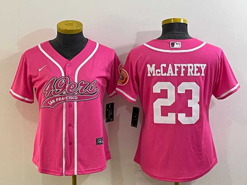 Womens San Francisco 49ers #23 Christian McCaffrey Pink With Patch Cool Base Stitched Baseball Jersey->women nfl jersey->Women Jersey